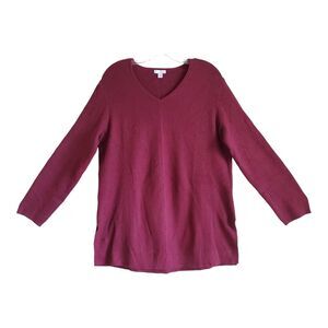 J JILL Women's M Tunic Sweater Plum Burgundy V Neck Long Sleeve Tight Knit 40"